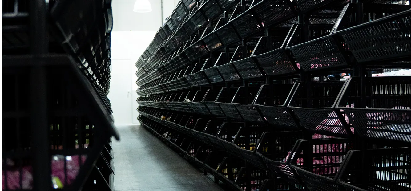 Corredor do estoque da Datitia com caixas plásticas empilhadas