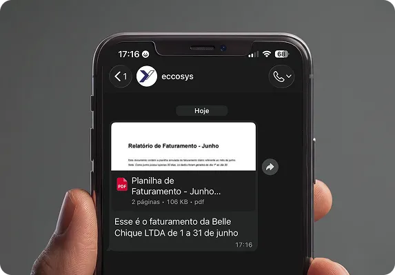 Celular recebendo por WhatsApp a planilha de faturamento do mês