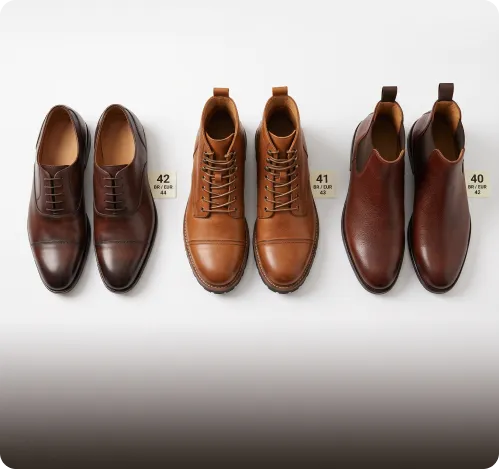Três pares de sapatos de couro com etiquetas de numeração 42, 41 e 40