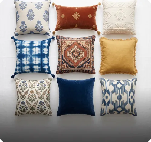 Nove almofadas decorativas com estampas, cores e texturas diferentes