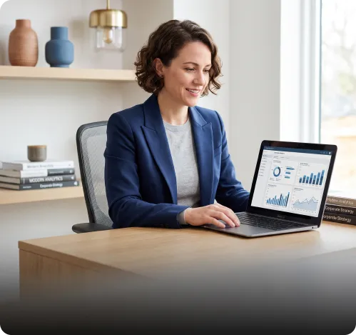 Gestora acompanhando indicadores de venda no notebook