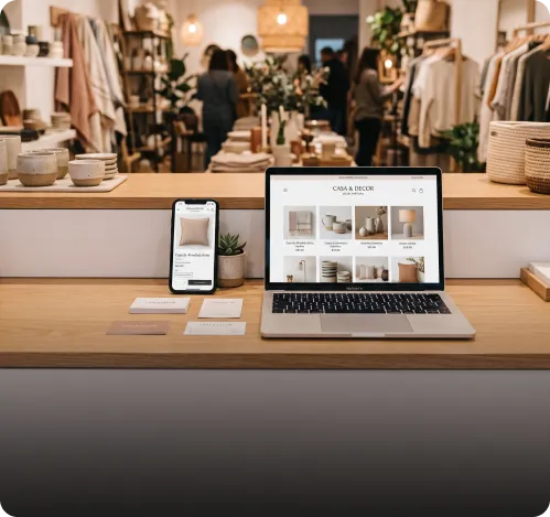 Balcão de loja de decoração com notebook e celular exibindo a loja virtual