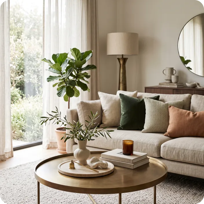 Sala de estar com sofá claro, almofadas, mesa de centro e plantas