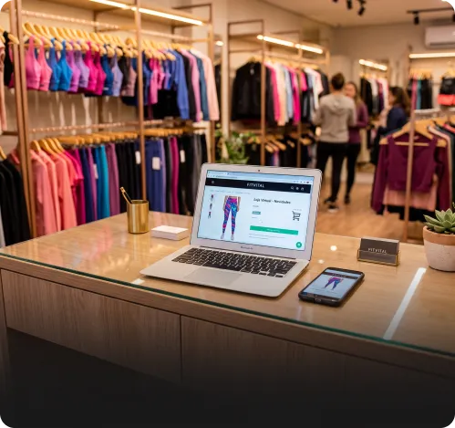 Balcão de loja fitness com notebook e celular exibindo a loja virtual