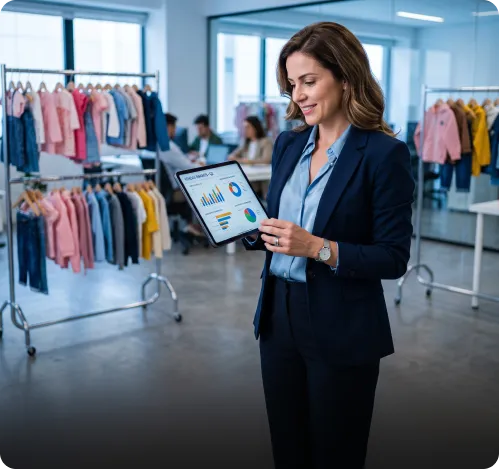 Gestora consultando indicadores no tablet em um showroom de moda infantil