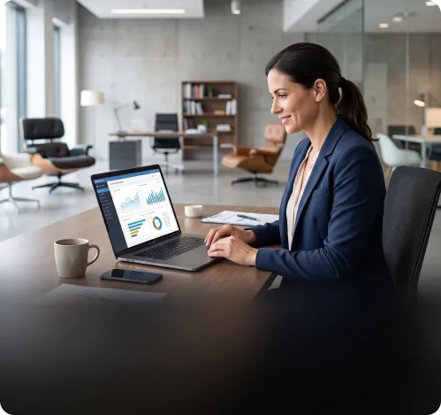 Gestora acompanhando pedidos e indicadores no notebook em um escritório