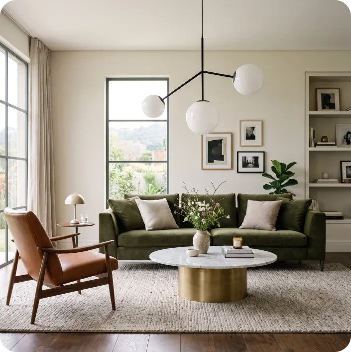 Sala de estar com sofá verde, poltrona de couro e mesa de centro de mármore