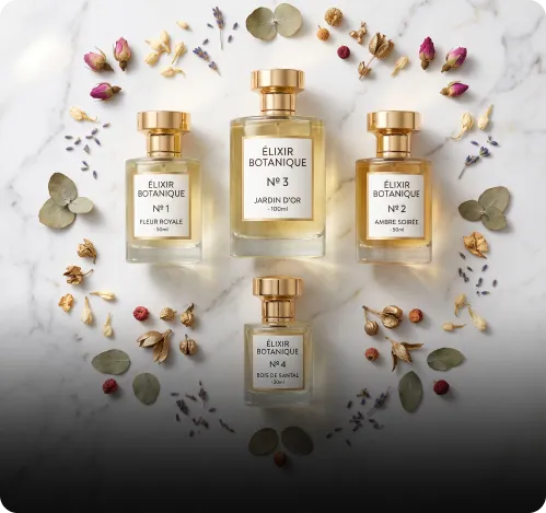 Linha de quatro perfumes em volumes diferentes, cercada de flores secas