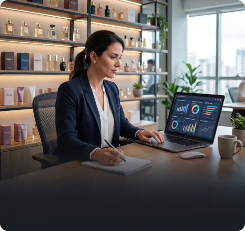 Gestora analisando indicadores de margem no notebook em uma perfumaria