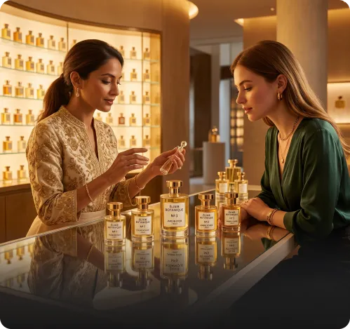 Consultora apresentando fragrâncias a uma cliente no balcão da perfumaria