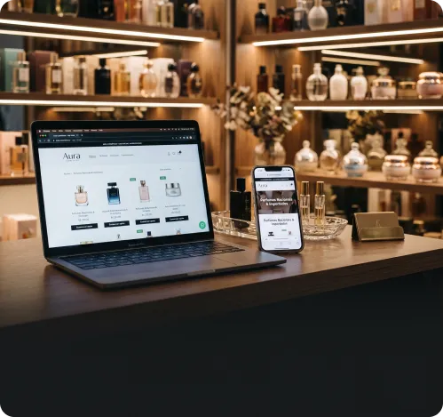Balcão de perfumaria com notebook e celular exibindo a loja virtual