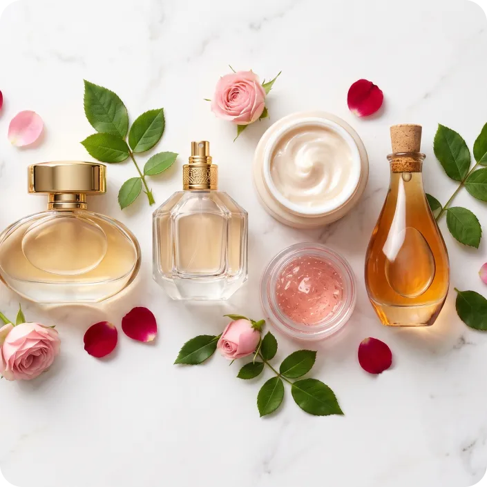 Frascos de perfume, creme e óleo corporal dispostos entre rosas sobre mármore