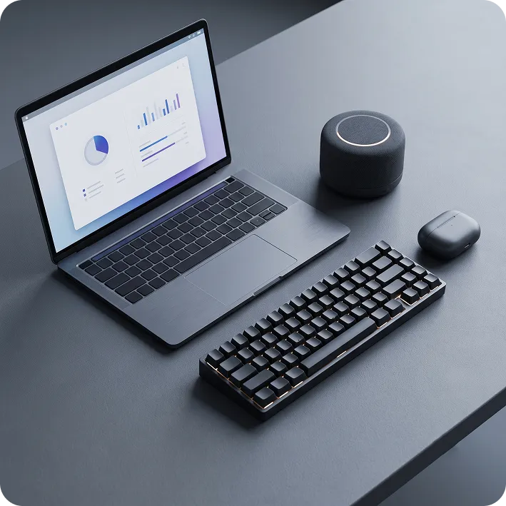 Notebook com painel de indicadores, teclado, caixa de som e fones sobre uma mesa cinza