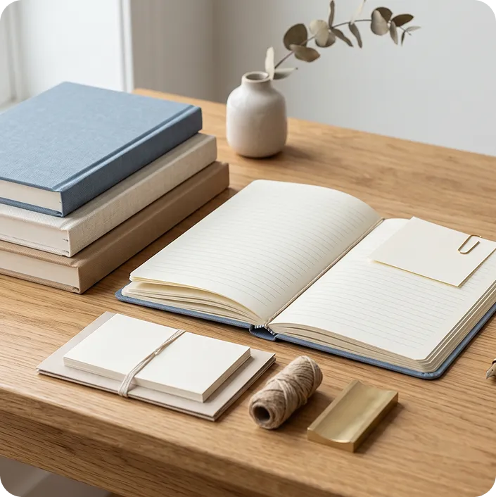 Livros, caderno e itens de papelaria sobre uma mesa de madeira